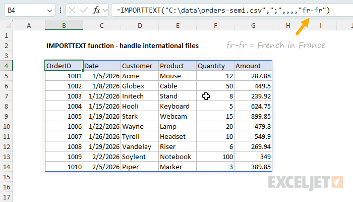 Import a European CSV file with IMPORTTEXT
