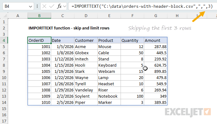 Skip metadata rows at the top