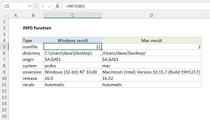 Excel INFO function | Exceljet