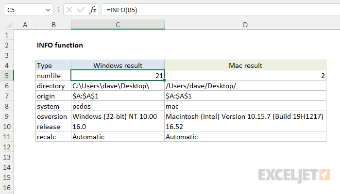 Excel INFO Function