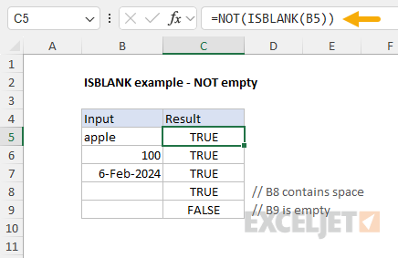 ISBLANK example - test for non-empty cells in column B