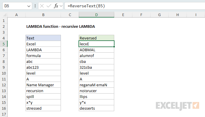 LAMBDA example - recursive LAMBDA to reverse text