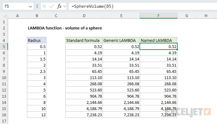 LAMBDA example - custom function for the volume of a sphere