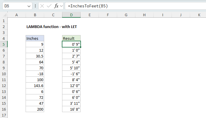 InchesToFeet custom function converting inches to feet and inches