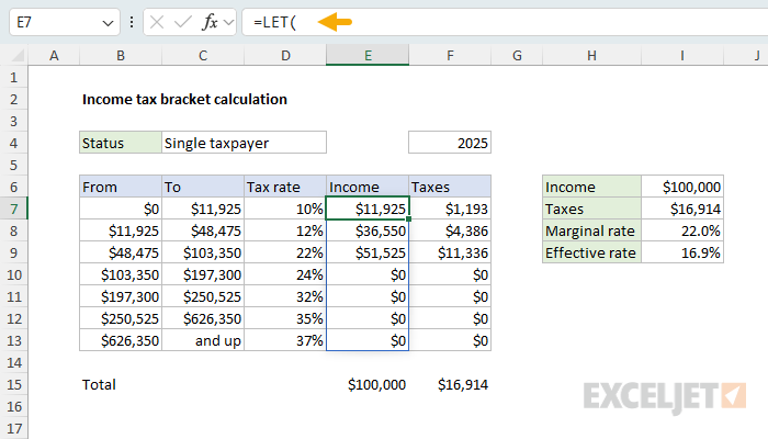 LET example - calculate income tax by bracket