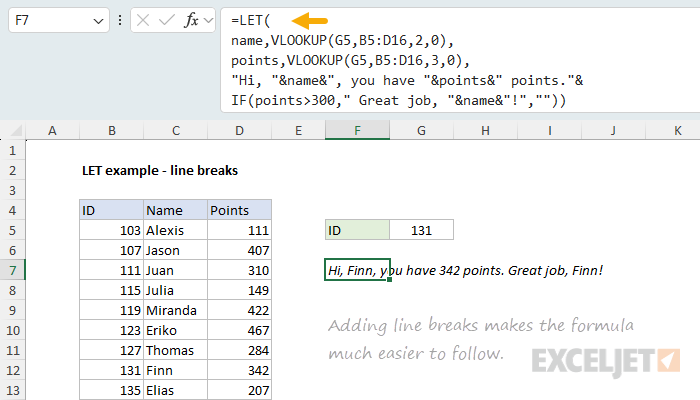 LET formula with line breaks and the formula bar expanded