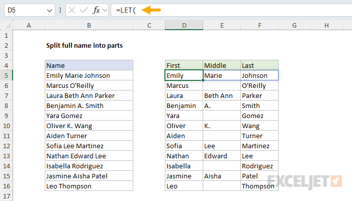 LET example - split a full name into parts