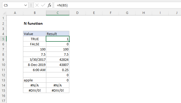 N Formula In Excel Excel N function | Exceljet