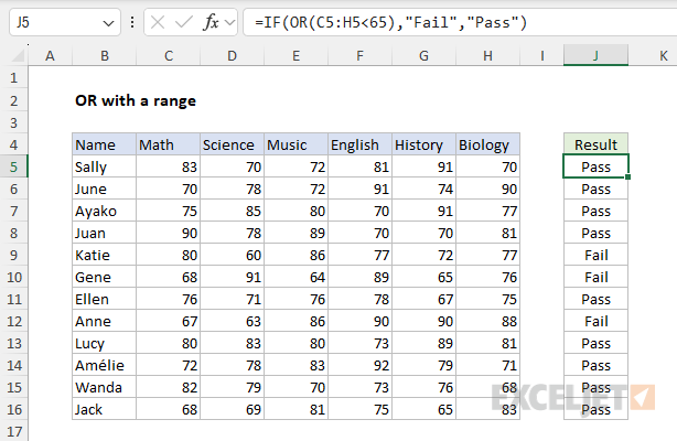 Using the OR function with a range of values