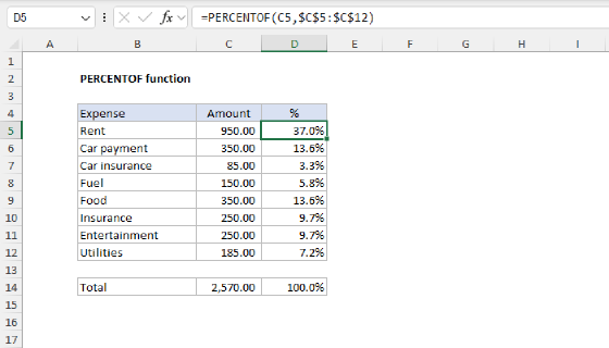 Excel PERCENTOF Function