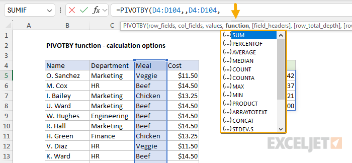 PIVOTBY function - suggested function list for calculation