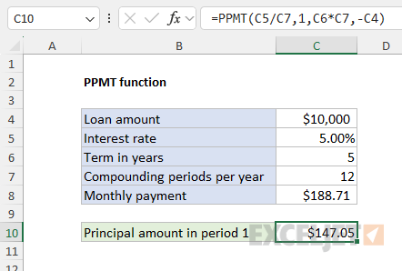 Example of the PPMT function to calculate the principal amount in period 1