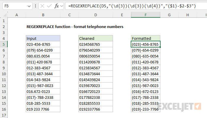 REGEXREPLACE example -  format telephone numbers