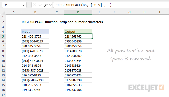 REGEXREPLACE example - strip non-numeric characters