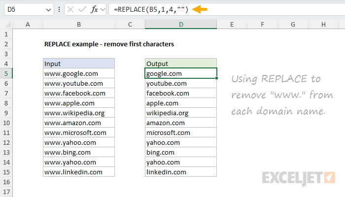 REPLACE example - remove "www." from each domain name