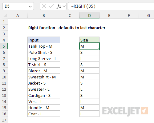 RIGHT function example - extract last character