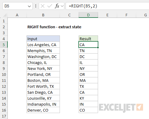 RIGHT function example - extract state abbreviation