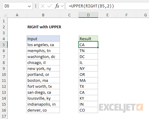 RIGHT function example - RIGHT with UPPER