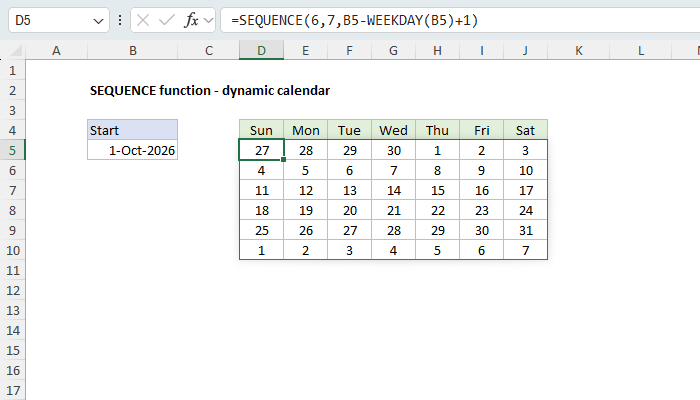 A monthly calendar built with one SEQUENCE formula