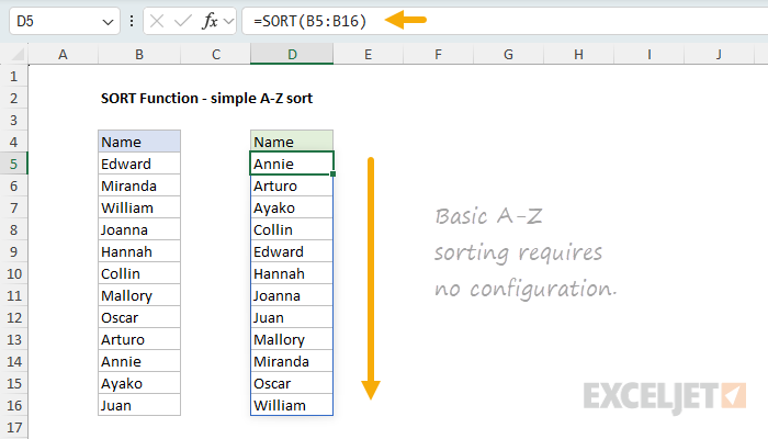SORT function example - simple A-Z sort
