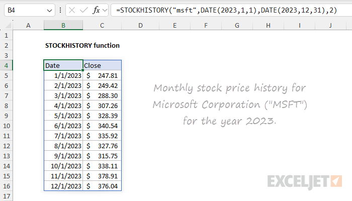 Excel STOCKHISTORY Function