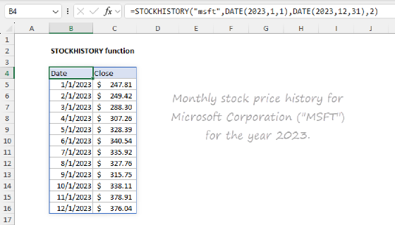 Excel STOCKHISTORY Function