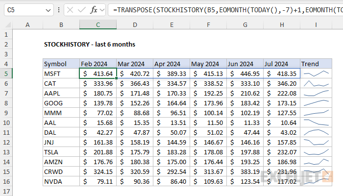 STOCKHISTORY function - last 6 complete months