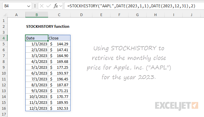 STOCKHISTORY function - monthly close prices