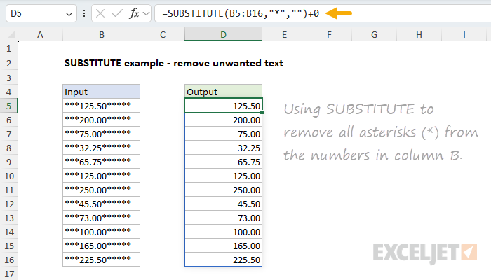 SUBSTITUTE example - remove all asterisks (*) from numbers