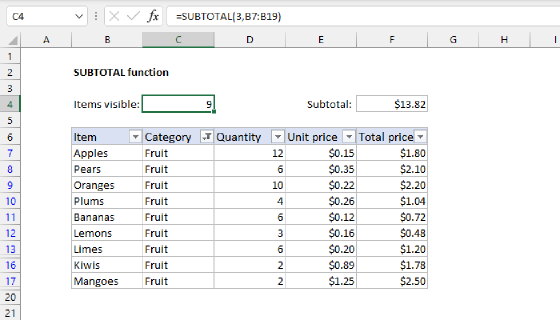 Excel SUBTOTAL Function