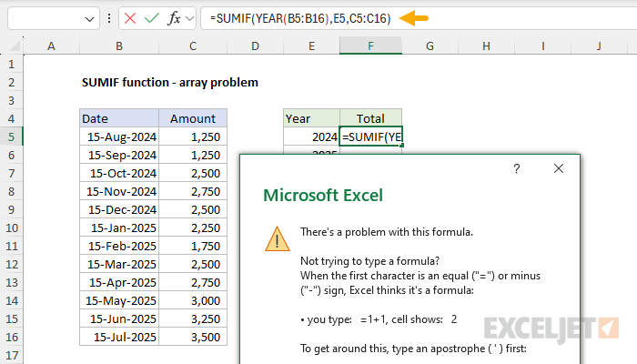 SUMIF function array problem error example