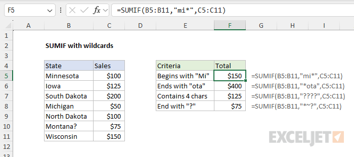 SUMIF function wildcard example