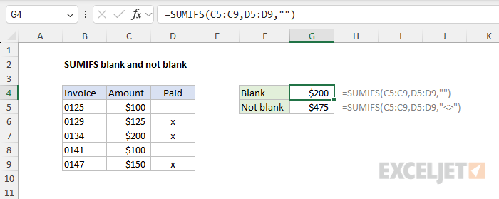 SUMIFS function with blank and not blank cells