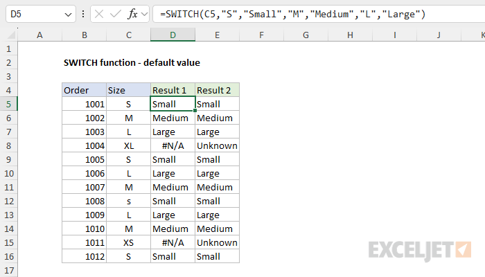 SWITCH function example - return a default value when no match is found