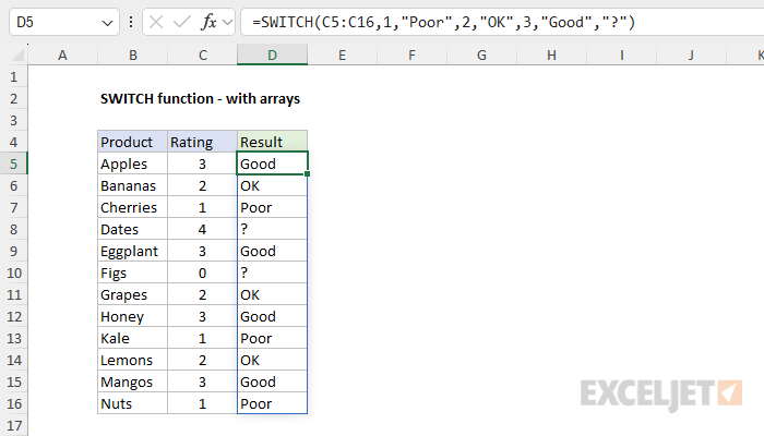 SWITCH function example - one formula spills results for all rows