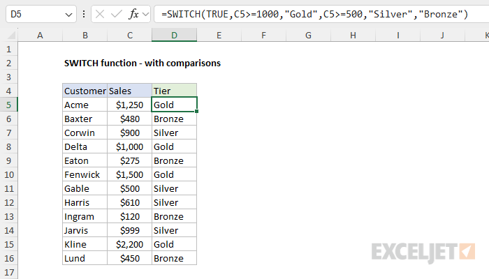 SWITCH function example - comparisons by matching TRUE