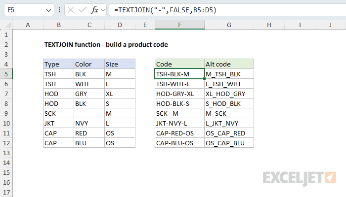 TEXTJOIN example - build a product code