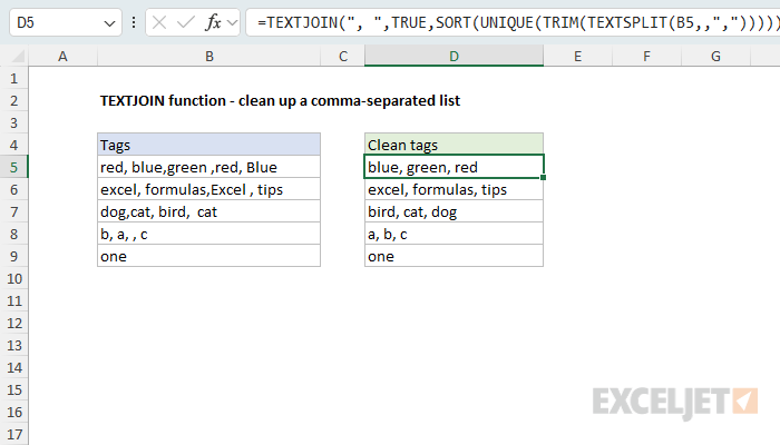 TEXTJOIN example - clean up a comma-separated list