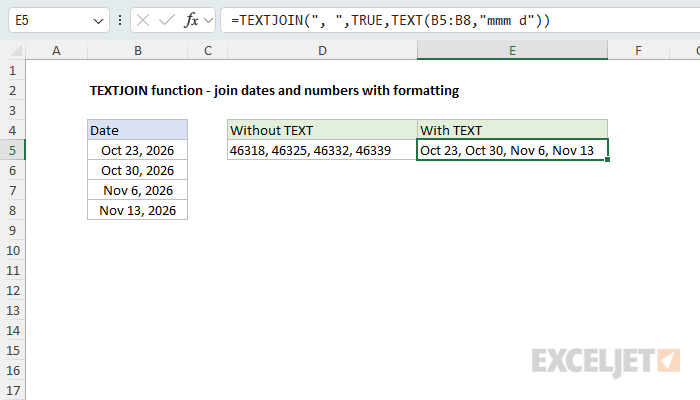 TEXTJOIN example - join dates and numbers with formatting