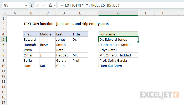 TEXTJOIN example - join names and skip empty parts