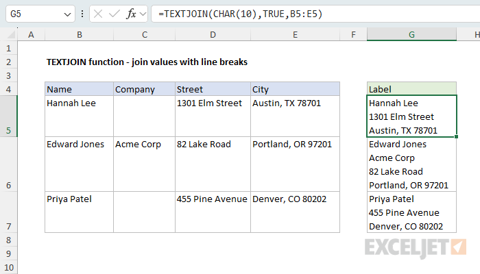 TEXTJOIN example - join values with line breaks