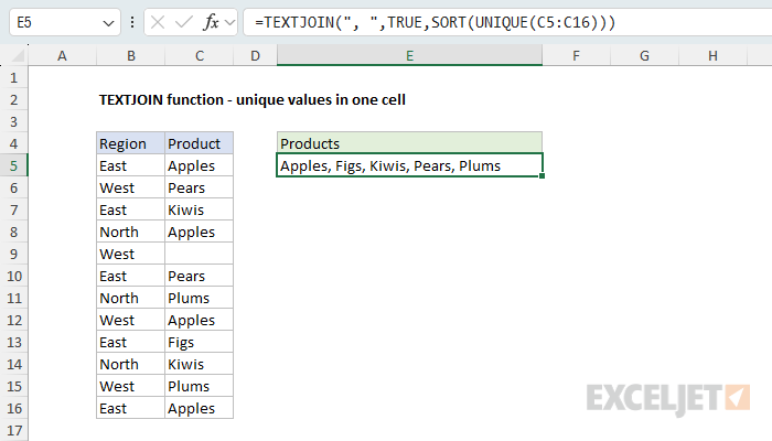 TEXTJOIN example - unique values in one cell