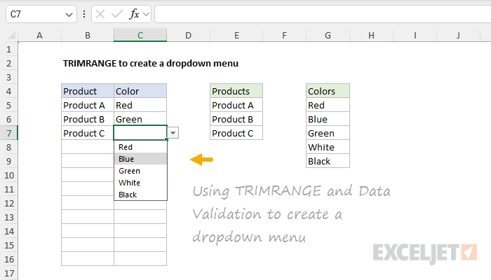 TRIMRANGE Example - create a dropdown menu