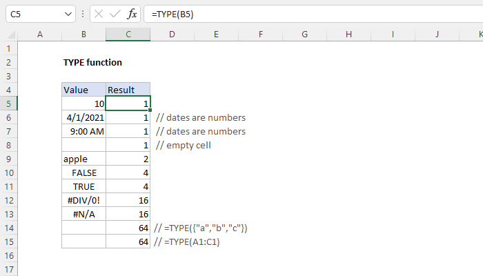 Excel TYPE function | Exceljet