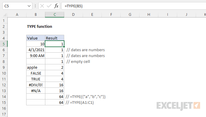 Excel TYPE Function