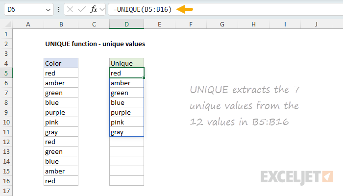 UNIQUE function example - unique values