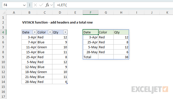 VSTACK example - add headers and a total row