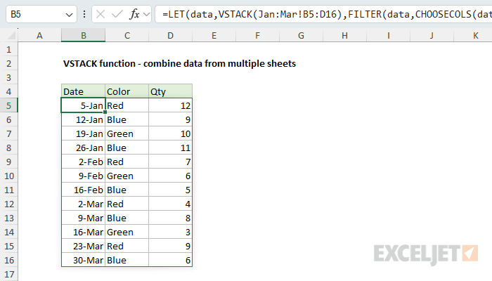 VSTACK example - combine data from multiple sheets