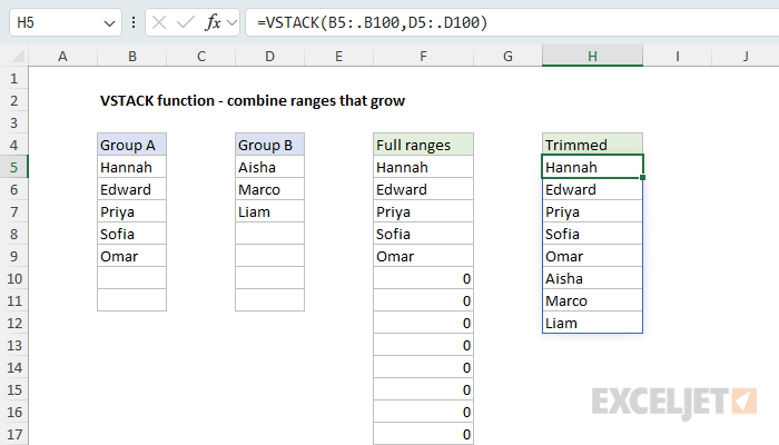 VSTACK example - combine ranges that grow