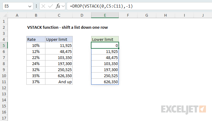 VSTACK example - shift a list down one row